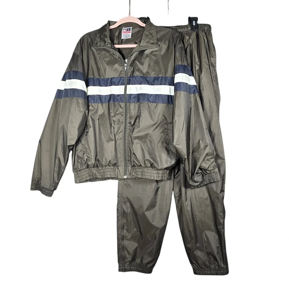 R&Y Sport Tracksuit Set Mens M Olive Green VTG Nylon Windbreaker Pants Stripe